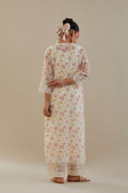 Off white cotton chanderi kurta set with small floral hand block print, highlighted with applique embroidery and ricrac lace.