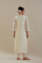 Off white cotton chanderi straight kurta set, highlighted with off white dori embroidery.