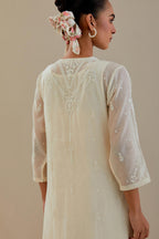 Off white cotton chanderi straight kurta set, highlighted with off white dori embroidery.