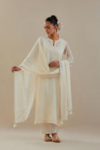 Off white cotton chanderi straight kurta set, highlighted with off white dori embroidery.