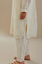 Off white cotton chanderi straight short kurta set with all-over off white dori embroidery.