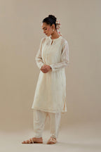 Off white cotton chanderi straight short kurta set with all-over off white dori embroidery.