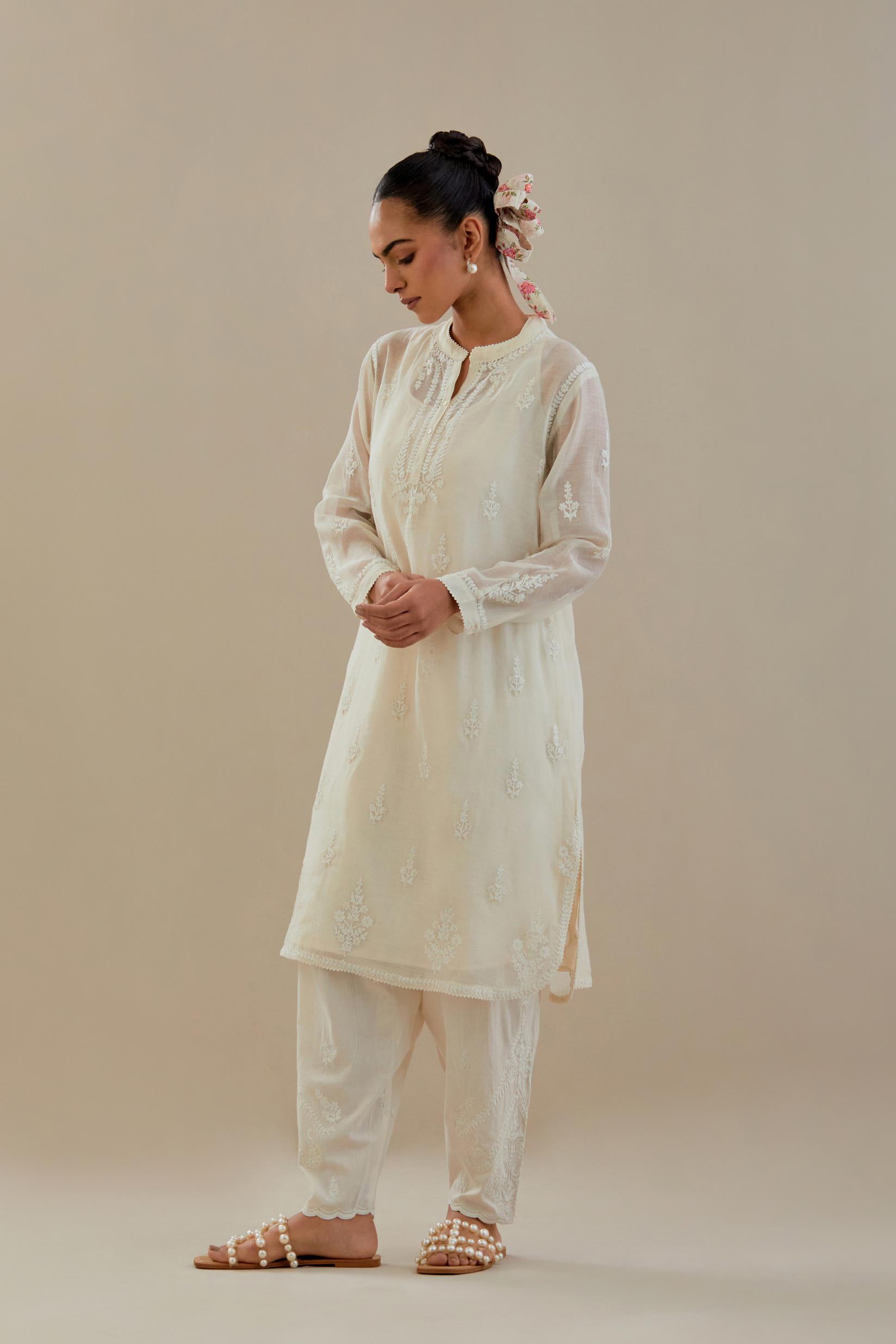 Off white cotton chanderi straight short kurta set with all-over off white dori embroidery.