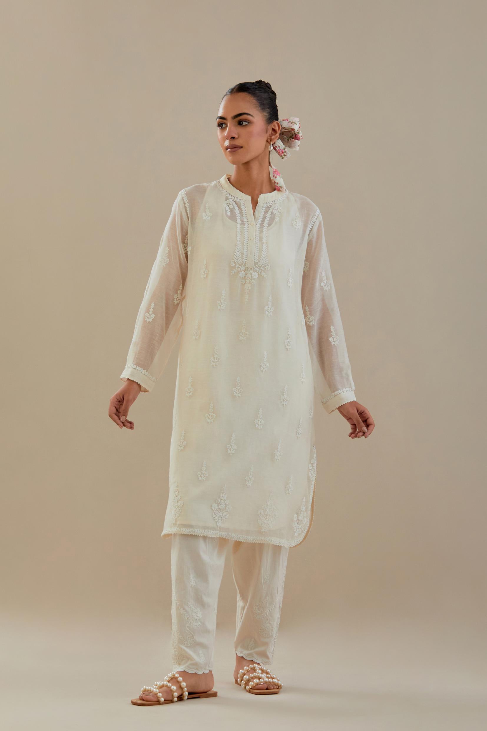 Off white cotton chanderi straight short kurta set with all-over off white dori embroidery.