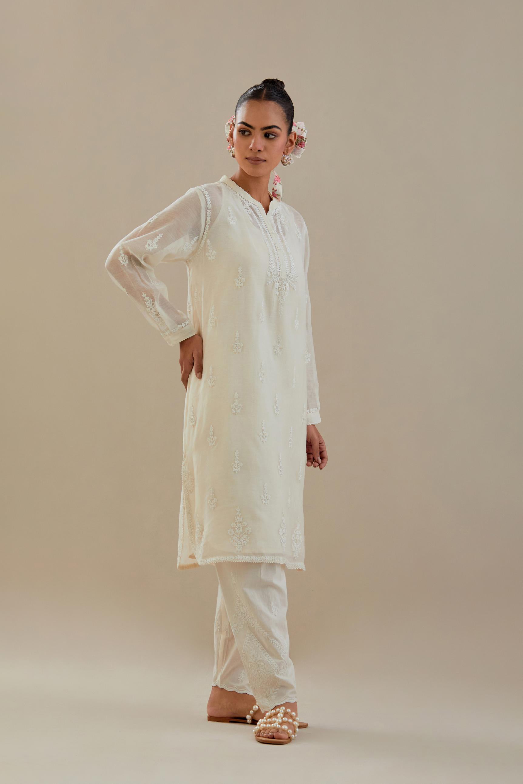 Off white cotton chanderi straight short kurta set with all-over off white dori embroidery.