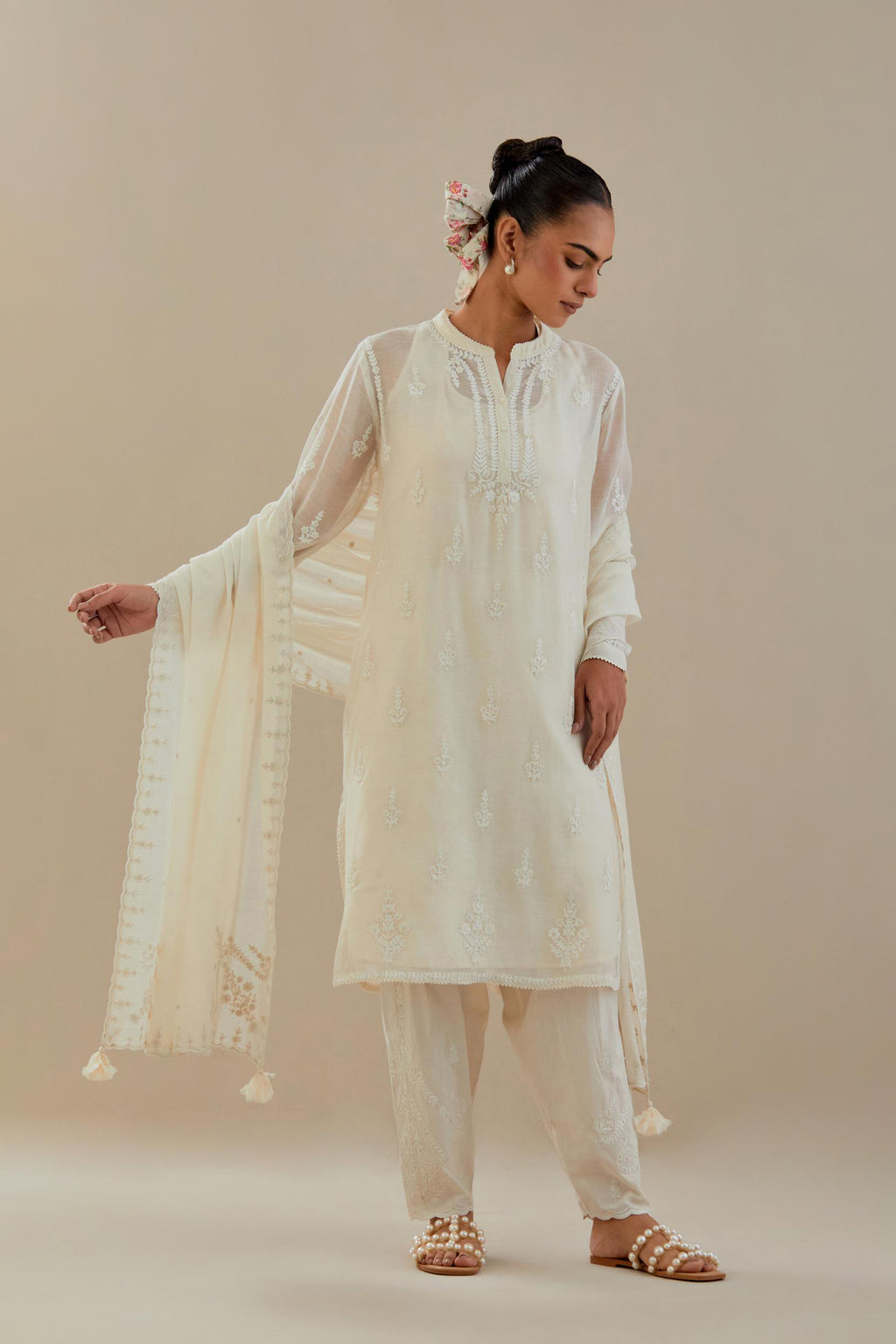 Off white cotton chanderi straight short kurta set with all-over off white dori embroidery.