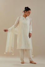 Off white cotton chanderi straight short kurta set with all-over off white dori embroidery.