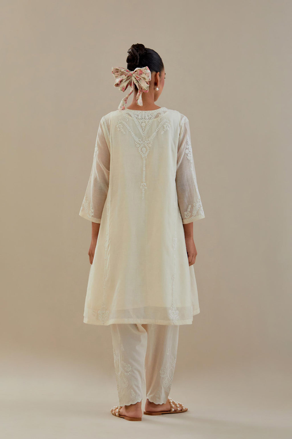 Off white cotton chanderi easy fit short kalidar kurta set with off white dori embroidery.