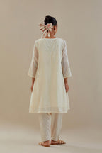 Off white cotton chanderi easy fit short kalidar kurta set with off white dori embroidery.