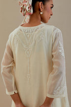 Off white cotton chanderi easy fit short kalidar kurta set with off white dori embroidery.