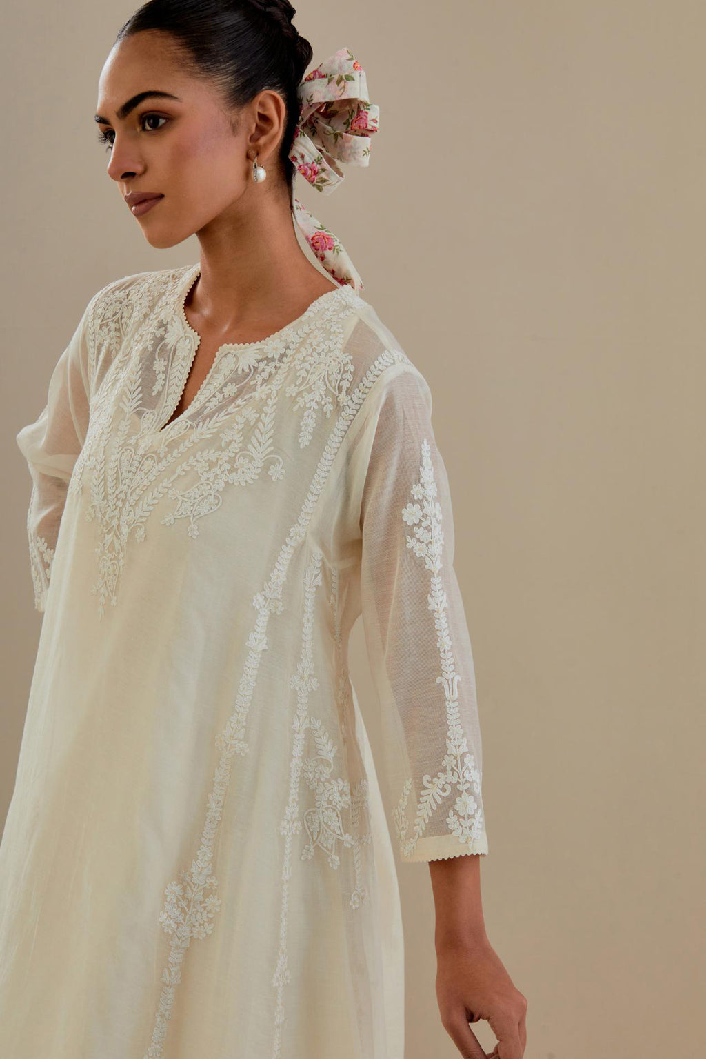 Off white cotton chanderi easy fit short kalidar kurta set with off white dori embroidery.