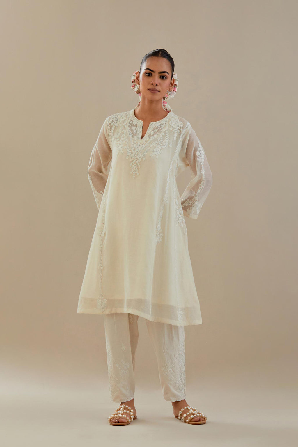 Off white cotton chanderi easy fit short kalidar kurta set with off white dori embroidery.