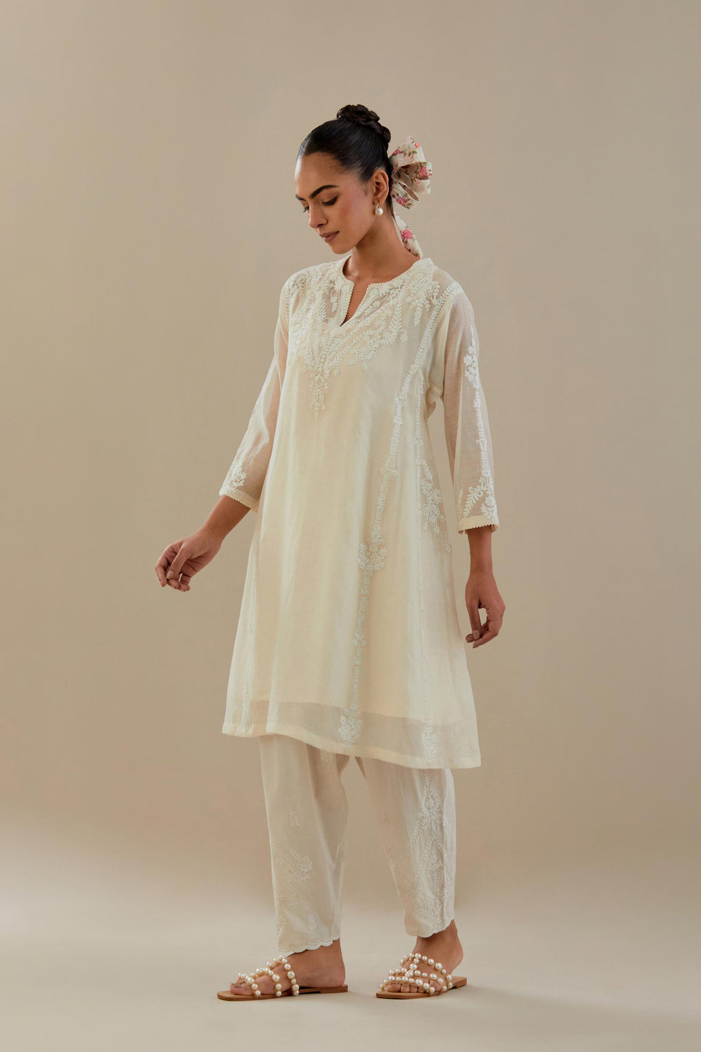 Off white cotton chanderi easy fit short kalidar kurta set with off white dori embroidery.
