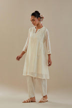 Off white cotton chanderi easy fit short kalidar kurta set with off white dori embroidery.