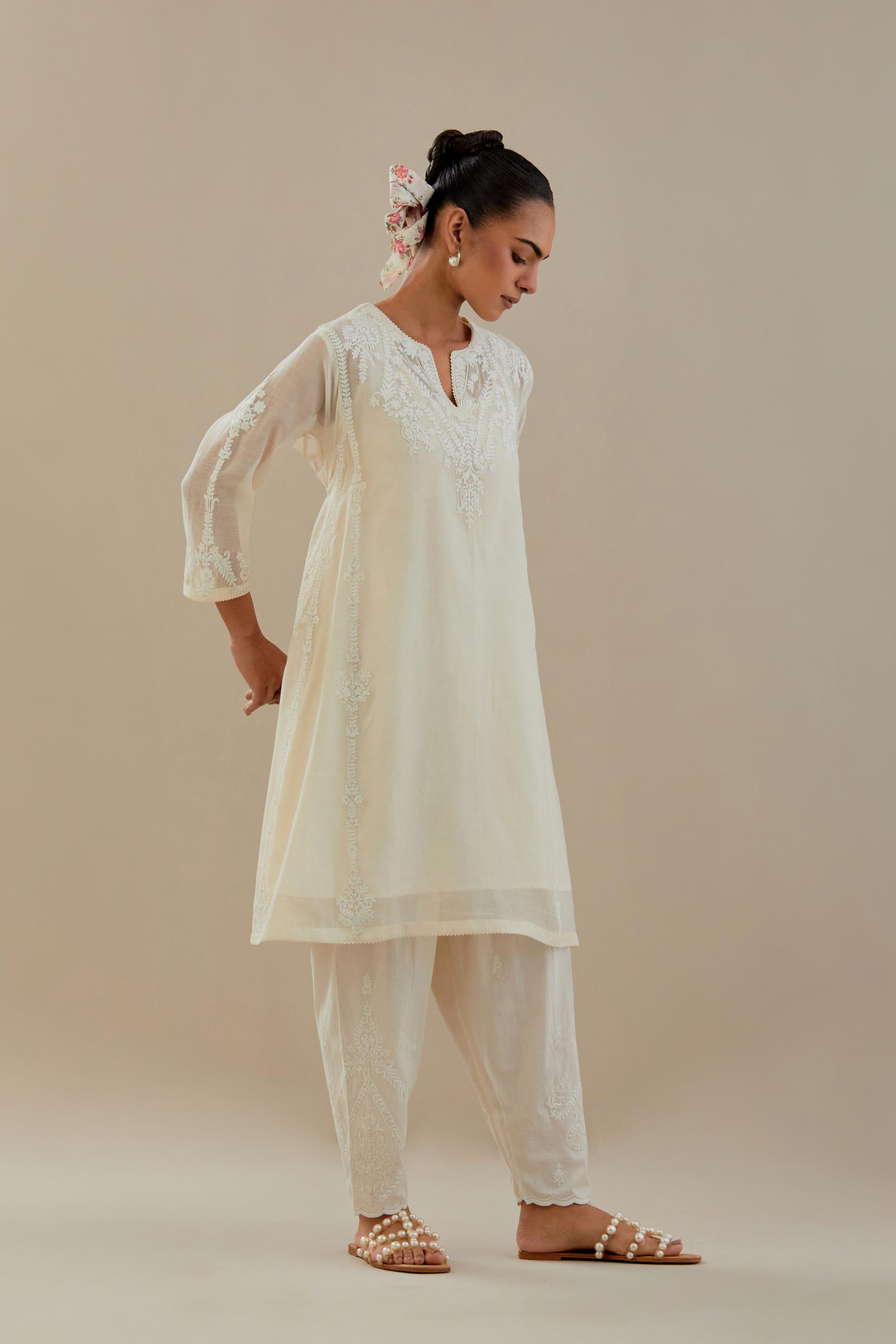 Off white cotton chanderi easy fit short kalidar kurta set with off white dori embroidery.