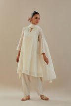 Off white cotton chanderi easy fit short kalidar kurta set with off white dori embroidery.