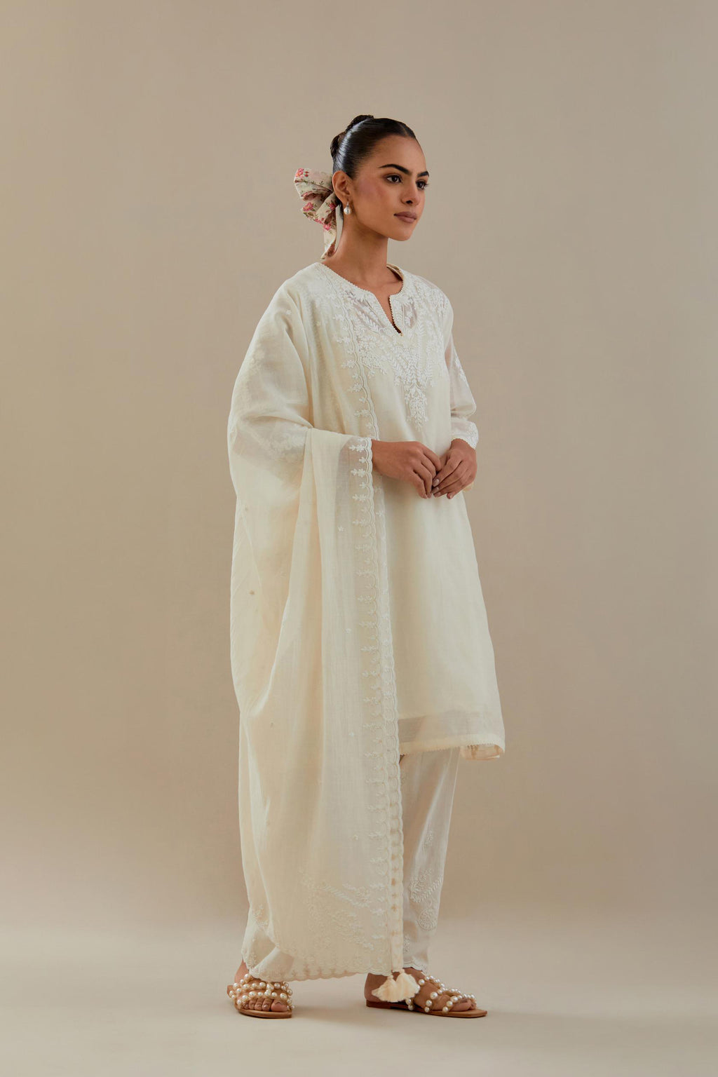 Off white cotton chanderi easy fit short kalidar kurta set with off white dori embroidery.