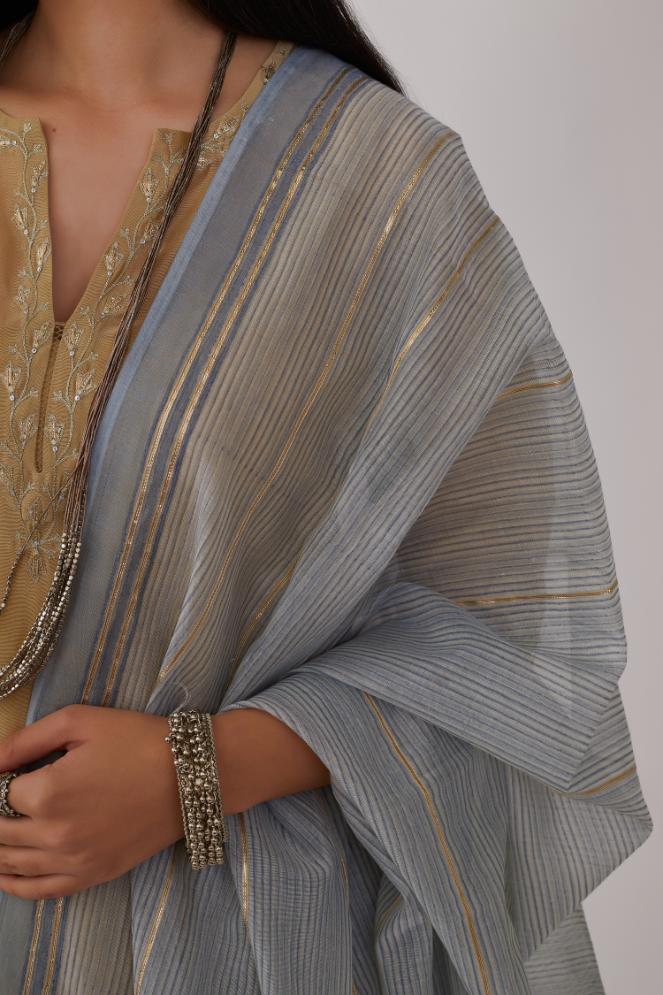 Olive silk chanderi short kurta set detailed with gota embroidery and highlighted with bugle beads and sequins.