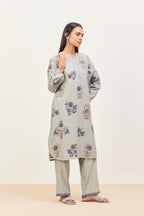 Bluish Grey silk chanderi straight short easy fit kurta set with all-over assorted flower applique, highlighted with aari threadwork & sequins.
