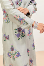 Bluish Grey silk chanderi straight kurta set with all-randomly placed appliqued assorted bootas, highlighted with aari threadwork & sequins.