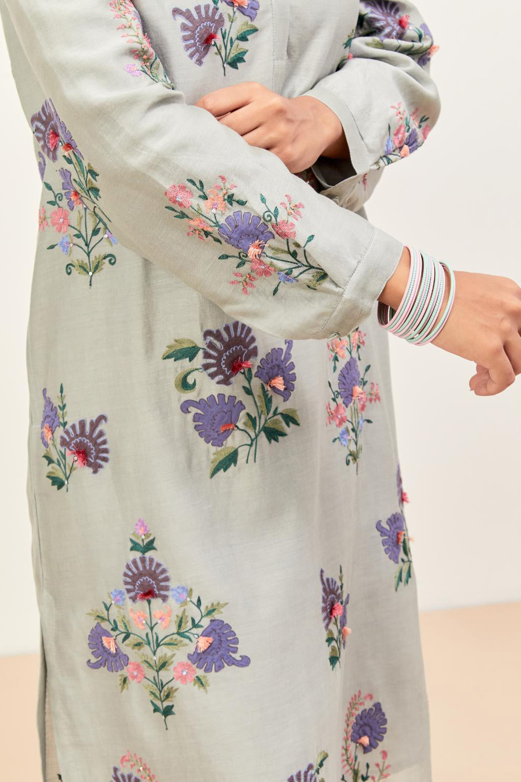 Bluish Grey silk chanderi straight kurta set with all-randomly placed appliqued assorted bootas, highlighted with aari threadwork & sequins.