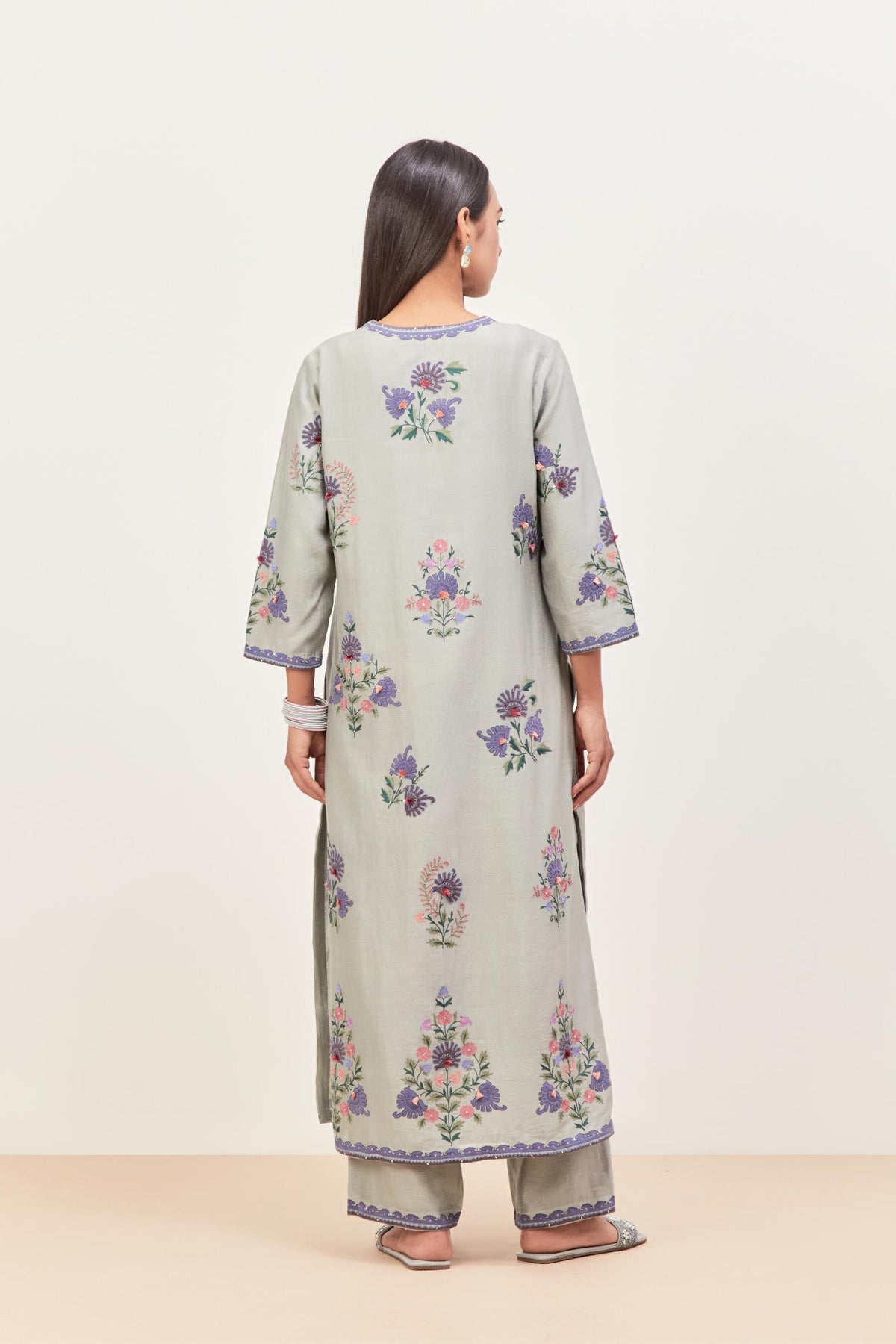 Bluish Grey silk chanderi straight kurta set with all-randomly placed appliqued assorted bootas, highlighted with aari threadwork & sequins.