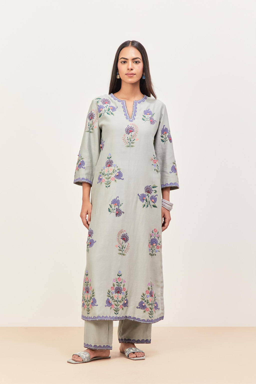 Bluish Grey silk chanderi straight kurta set with all-randomly placed appliqued assorted bootas, highlighted with aari threadwork & sequins.