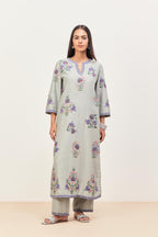 Bluish Grey silk chanderi straight kurta set with all-randomly placed appliqued assorted bootas, highlighted with aari threadwork & sequins.
