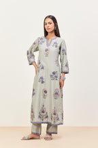 Bluish Grey silk chanderi straight kurta set with all-randomly placed appliqued assorted bootas, highlighted with aari threadwork & sequins.