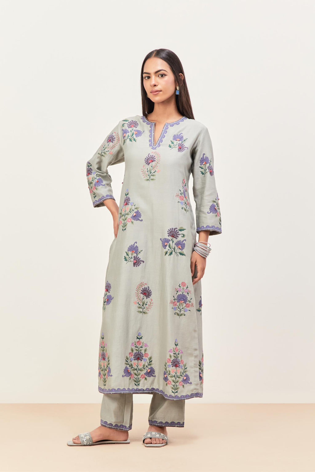 Bluish Grey silk chanderi straight kurta set with all-randomly placed appliqued assorted bootas, highlighted with aari threadwork & sequins.