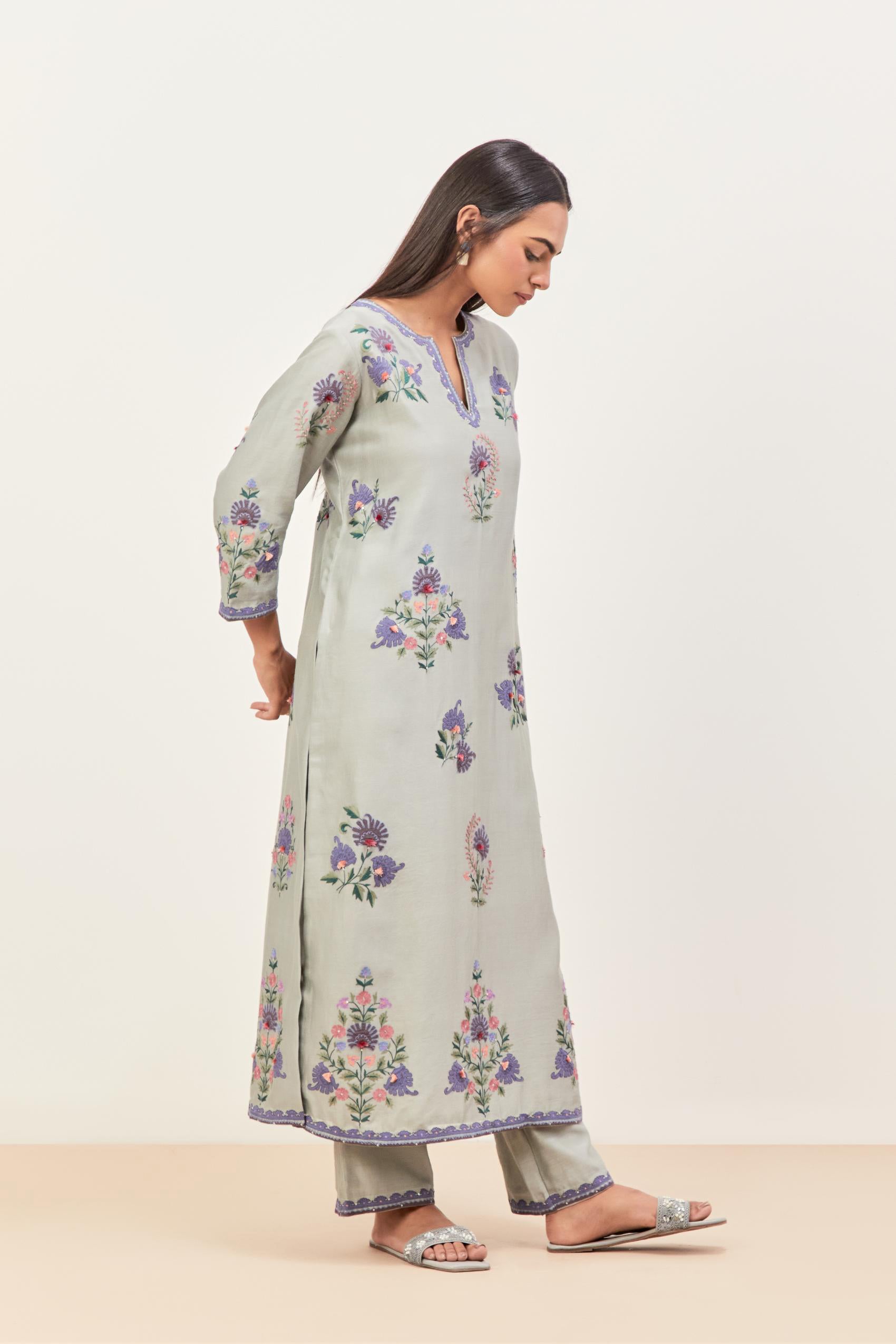 Bluish Grey silk chanderi straight kurta set with all-randomly placed appliqued assorted bootas, highlighted with aari threadwork & sequins.