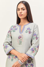 Bluish Grey silk chanderi straight kurta set with all-randomly placed appliqued assorted bootas, highlighted with aari threadwork & sequins.