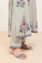 Bluish Grey silk chanderi straight kurta set with all-randomly placed appliqued assorted bootas, highlighted with aari threadwork & sequins.
