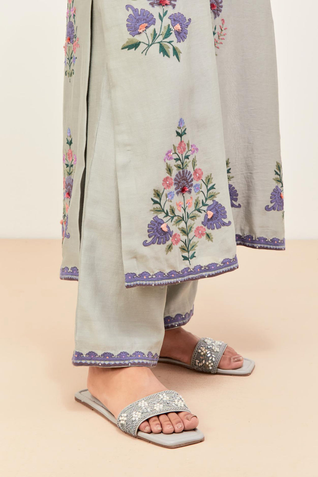 Bluish Grey silk chanderi straight kurta set with all-randomly placed appliqued assorted bootas, highlighted with aari threadwork & sequins.