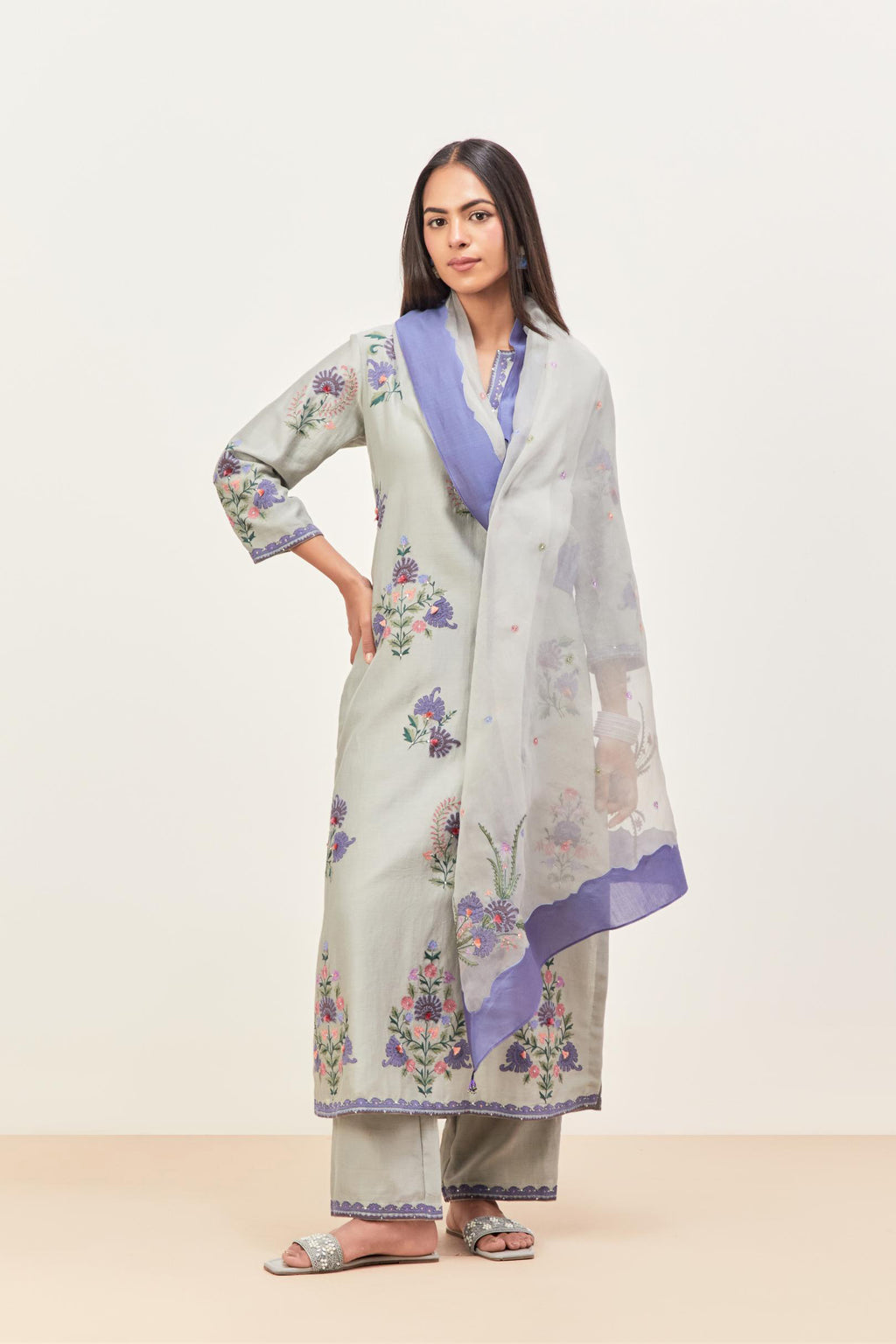 Bluish Grey silk chanderi straight kurta set with all-randomly placed appliqued assorted bootas, highlighted with aari threadwork & sequins.