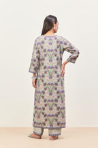 Bluish Grey straight kurta set, fully embroidered with appliqué flowers, multi-colored aari threadwork and silk tassels.