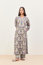 Bluish Grey straight kurta set, fully embroidered with appliqué flowers, multi-colored aari threadwork and silk tassels.
