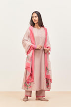 Lilac silk chanderi kurta set with pin tucks in the front & back and floral applique boota at sides, highlighted with aari threadwork & sequins.