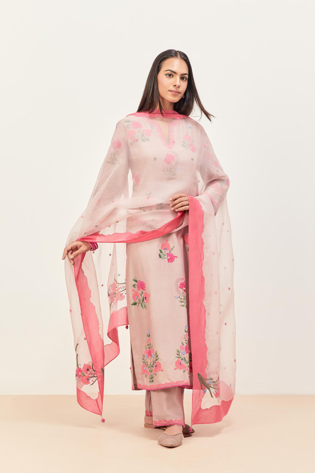 Lilac silk chanderi straight kurta set with all-randomly placed appliqued assorted bootas, highlighted with aari threadwork & sequins.