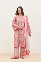 Lilac short A-line silk chanderi kurta set, fully embroidered with appliqué flowers, highlighted with aari thread work and silk tassels.