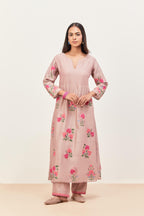 Lilac silk chanderi kurta set with pin tucks at yoke and all-over applique, highlighted with aari threadwork & sequins.