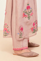 Lilac silk chanderi kurta set with pin tucks at yoke and all-over applique, highlighted with aari threadwork & sequins.