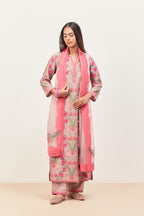 Lilac straight kurta set, fully embroidered with appliqué flowers, multi-colored aari threadwork and silk tassels.
