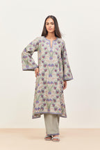 Bluish Grey short A-line silk chanderi kurta set, fully embroidered with appliqué flowers, highlighted with aari thread work and silk tassels.