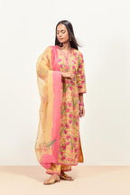 Yellow straight kurta set, fully embroidered with appliqué flowers, multi-colored aari threadwork and silk tassels.