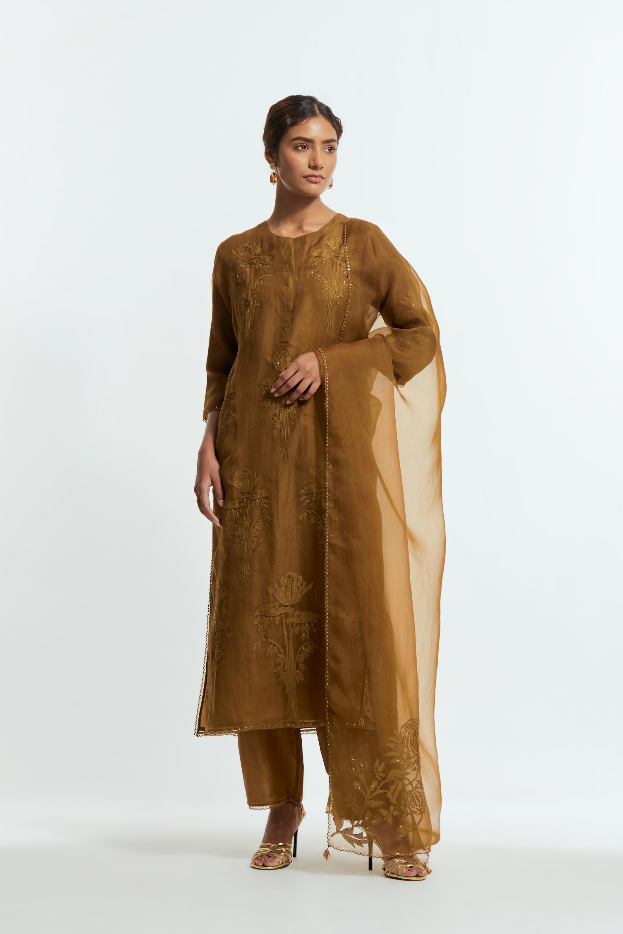 Olive silk organza dupatta adorned with appliqué chrysanthemum floral motifs along all four borders, delicately highlighted with subtle sequins.