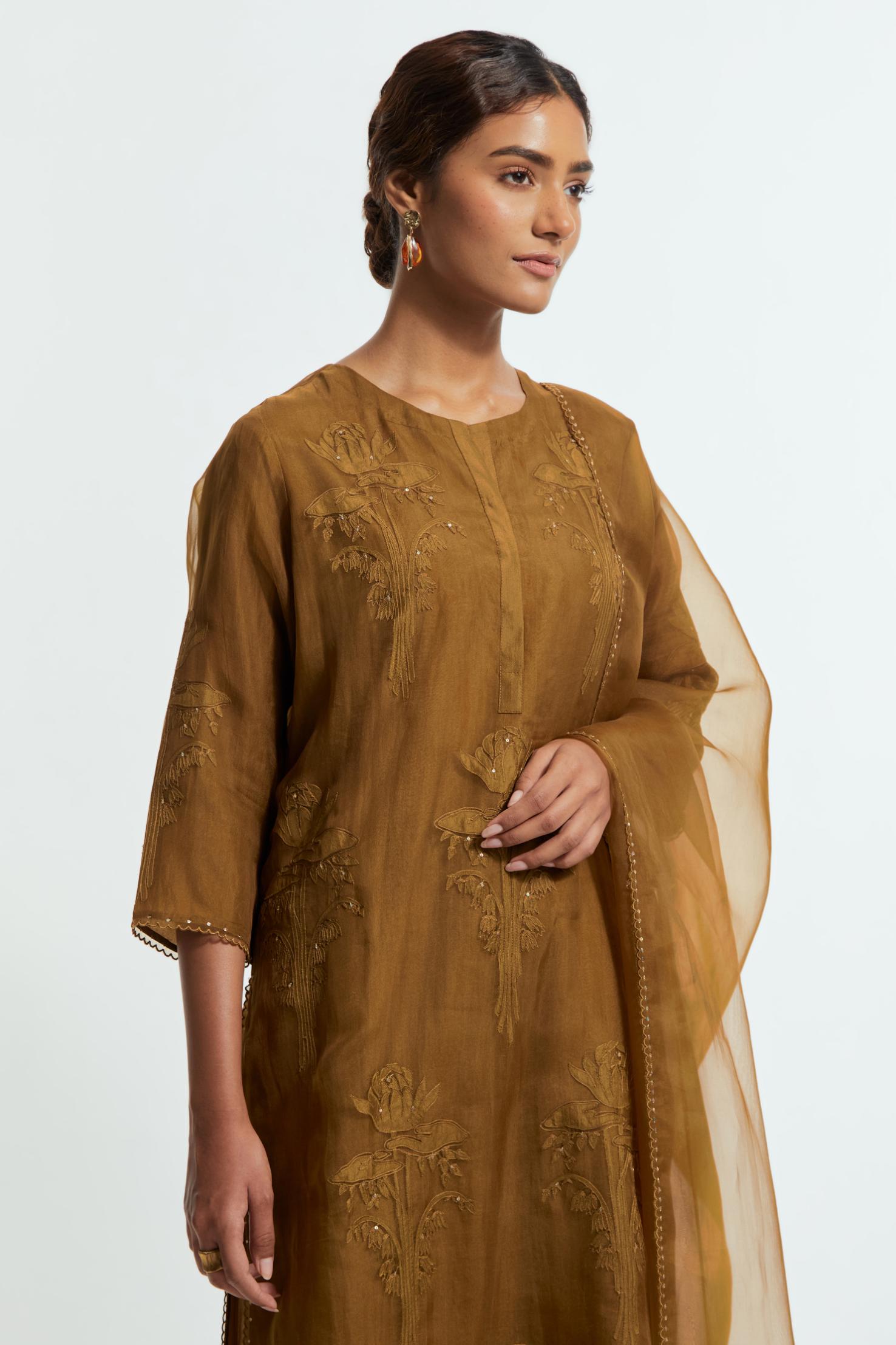 Olive silk organza dupatta adorned with appliqué chrysanthemum floral motifs along all four borders, delicately highlighted with subtle sequins.