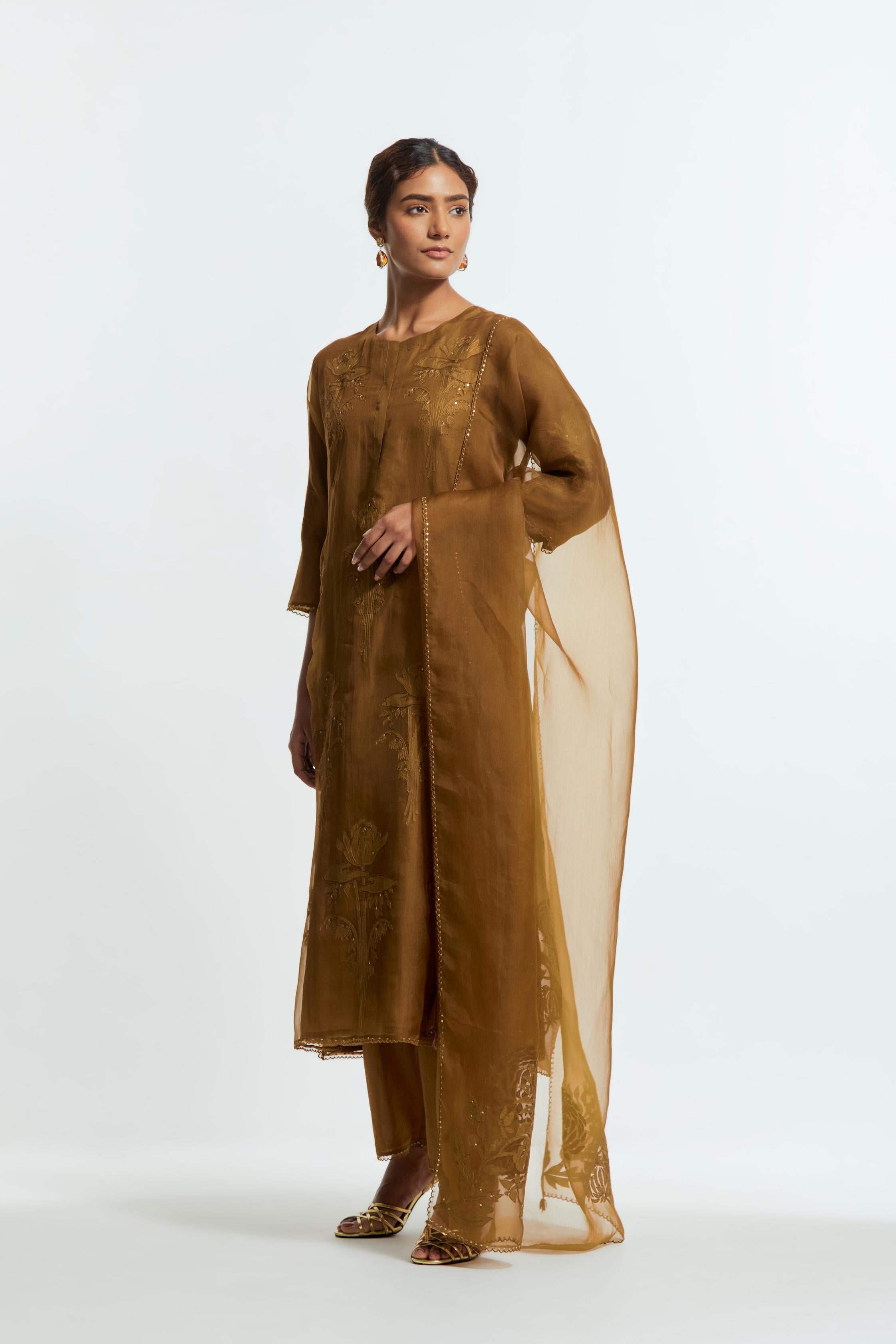 Olive silk organza dupatta adorned with appliqué chrysanthemum floral motifs along all four borders, delicately highlighted with subtle sequins.