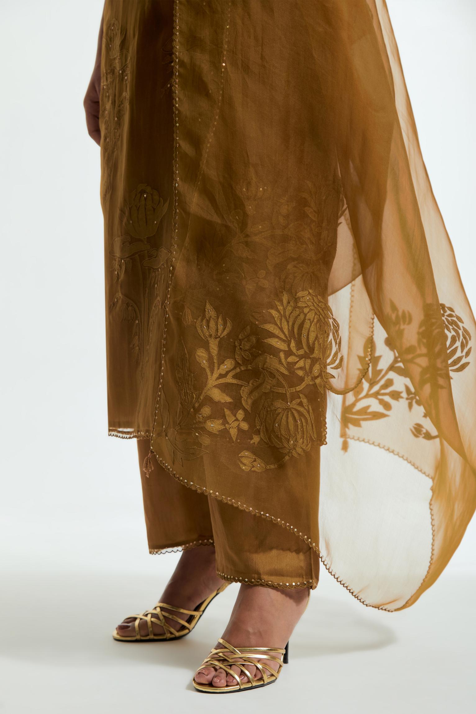 Olive silk organza dupatta adorned with appliqué chrysanthemum floral motifs along all four borders, delicately highlighted with subtle sequins.
