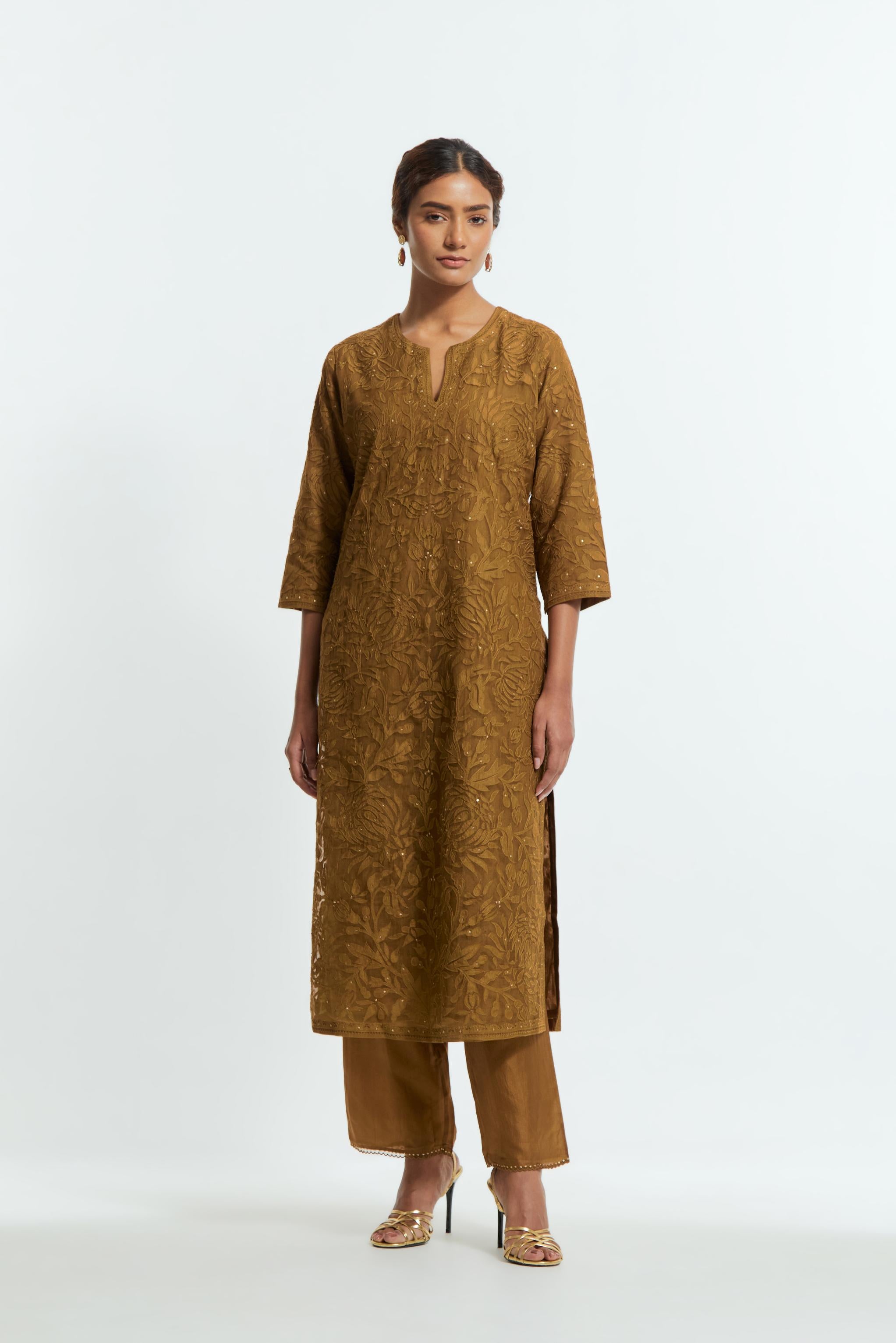 Olive silk organza straight kurta set featuring an all-over silk appliqué trellis jaal, delicately highlighted with subtle sequins.